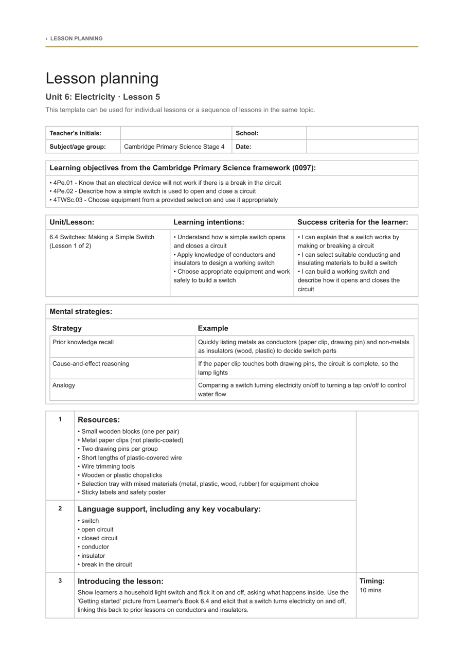 Page one of a generated Cambridge Primary lesson plan