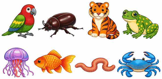 Eight animals: parrot, beetle, tiger, frog, jellyfish, goldfish, worm and crab.